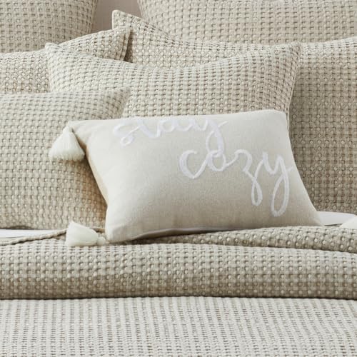 Levtex Home - Cloud Waffle Stay Cozy Decorative Pillow - 14x18in - Embroidered Script Design - Tassels - RDS Feather Filled - Neutral Beige - Zipper Closure
