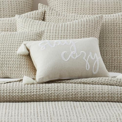 Levtex Home - Cloud Waffle Stay Cozy Decorative Pillow - 14x18in - Embroidered Script Design - Tassels - RDS Feather Filled - Neutral Beige - Zipper Closure