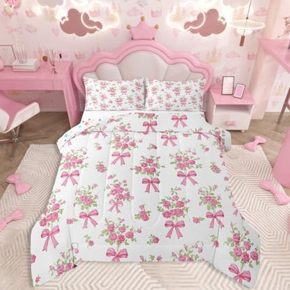 jejeloiu Bowknot Comforter Set King Size Rose Bedding Set for Kids Boys Girls Pink Bow Duvet Quilt Rose Floral Flower Bedroom Decor Microfiber 3 Pcs with 2 Pillow Cases