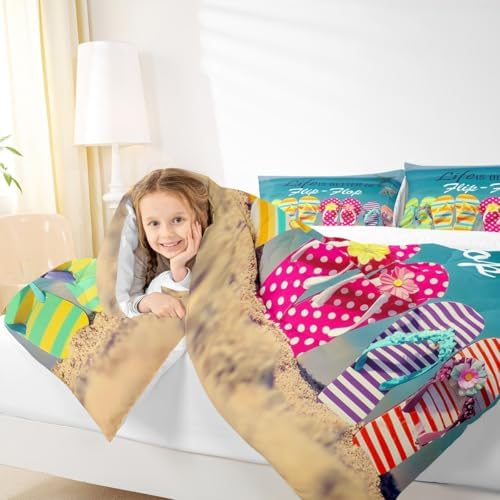 Ocean Beach Bedding Set King Size Colorful Flip Flops Comforter Set 3pcs Retro Summer Holiday Themed Quilted Duvet for Kids Teens Room Decor Women Men Romantic Hawaii Duvet Insert,2 Pillowcases