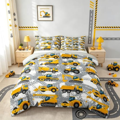 Castle Fairy Boys Cartoon Truck Bedding Set Kids Construction Cars Comforter for Kids Children Machinery Vehicles Comforter Set Construction Site Cars Duvet Set King Size 3Pcs