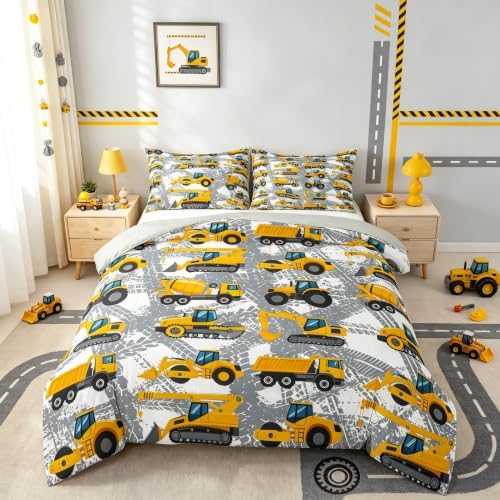Castle Fairy Boys Truck Bedding Set Full Size Comforter for Kids Tractor Comforter Set Toddler Room Decor Car Bed Cartoon Excavator Quilted with 2 Pillow Cases