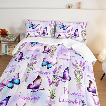 Pretty Butterfly Comforter Set King Size,Prowence Lavender Printed Comforter Bedding Sets for Kids Girls Toddler Room Decor Aesthetics,Fantasy Floral Bedding Sets with 2 Pillowcases.
