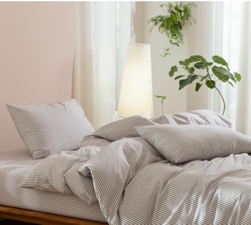JIYUAN Oversized King Washed Cotton Duvet Cover Set, Linen-Like Pinstripe