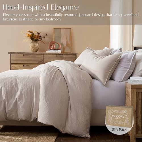 WDCOZY Beige Queen Size Jacquard Duvet Cover Set with Zipper Closure, Modern Washed Soft Striped Bedding, Textured Seersucker Like Cotton Linen, 1 Duvet Cover and 2 Pillow Shams, No Comforter