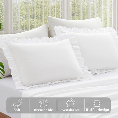KKJIAF Ruffle Pillow Cases Standard Size Set of 2, Ruffled Pillow Covers with Envelope Closure, Wrinkle Resistant Pillowcases 20" x 26", Ruffled Pillow Shams, White