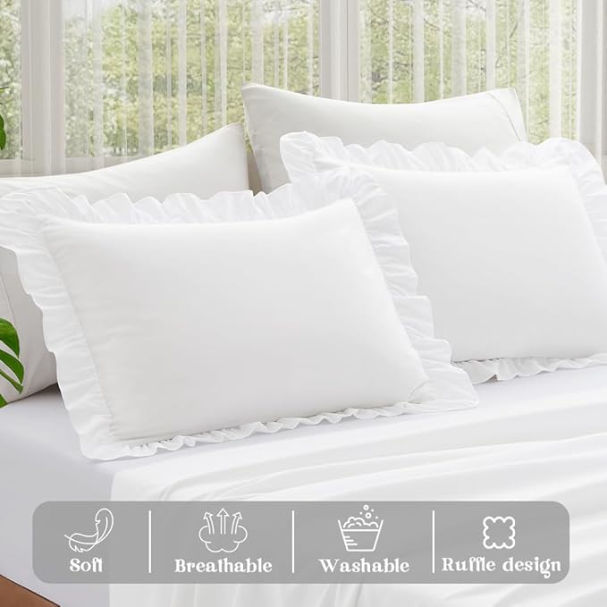 KKJIAF Ruffle Pillow Cases Queen Size Set of 2, Ruffled Pillow Covers with Envelope Closure, Wrinkle Resistant Pillowcases 20" x 30", Ruffled Pillow Shams, White
