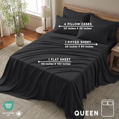 Queen Sheet Set - 6 Piece Sheets Queen Size Bed Set - Breathable & Cooling Hotel Luxury Bedding Set - Soft & Comfy Fully Elasticized 16" Deep Pocket Queen Sheets (Queen Balck)