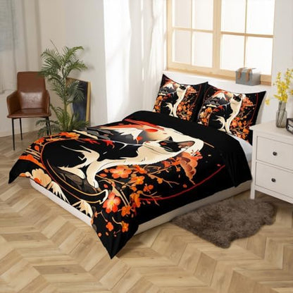 Feelyou Kids Kawaii Cat Anime Duvet Cover Toddler Japanese Retro Funny Cat Bedding Set Boys Girls Japanese Style Comforter Cover Set Japanese Wave Sakura Flower Floral Bedspread Cover（No Comforter