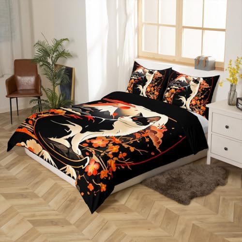 Feelyou Kids Kawaii Cat Anime Duvet Cover Full Size Japanese Retro Funny Cat Bedding Set Boys Girls Japanese Style Comforter Cover Set Japanese Wave Sakura Flower Floral Bedspread Cover（No Comforter