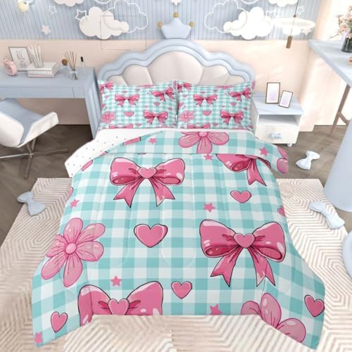jejeloiu Checkerboard Bowknot Comforter Set Pink Bow Bedding Set Kids Twin