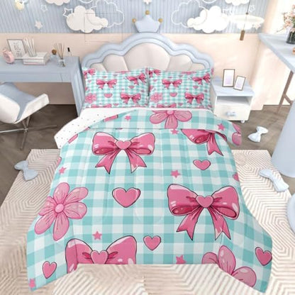 jejeloiu Checkerboard Bowknot Comforter Set Pink Bow Bedding Set Kids Twin