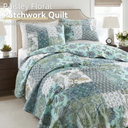 Yvooxny 3-Piece Quilt Set Queen Size Patchwork Paisley Turquoise Floral