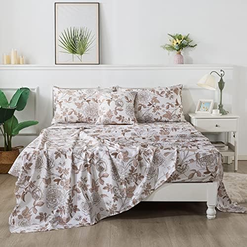 FADFAY Sheets Set Twin Vintage White and Brown Floral Bedding Elegant Peony Sheets Set Shabby Rose Farmhouse Bedding 100% Egyptian Cotton 800 Thread Count Deep Pocket Fitted Sheet 4Pcs, Twin Size