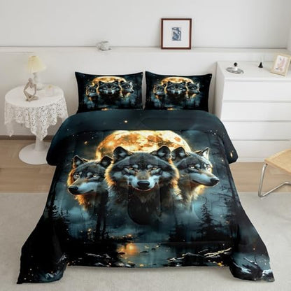 Wolf Kids Comforter Set Full Size,Pine Trees Moonlight Rustic Bedding Set,Girls Boys Room Decor,Wildlife Animals Adventure Lake House Quilt Comforter,Farmhouse Country Duvet Insert,2 Pillowcases