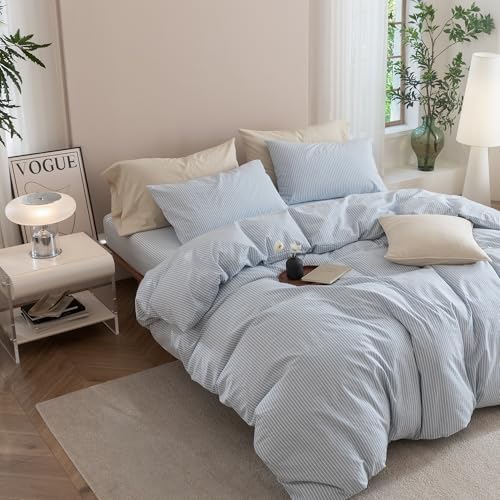 JIYUAN Super King Washed Cotton Duvet Cover Set, Linen-Like Pinstripe