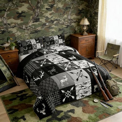 Feelyou Camo Deer Antlers Comforter Set All Season Animal Arrow Silhouette Bedding Set with 1 Pillow Cases Rustic Cabin Microfiber Toddler Bedclothes Lattice Bedroom Decor Duvet Quilt Breathable