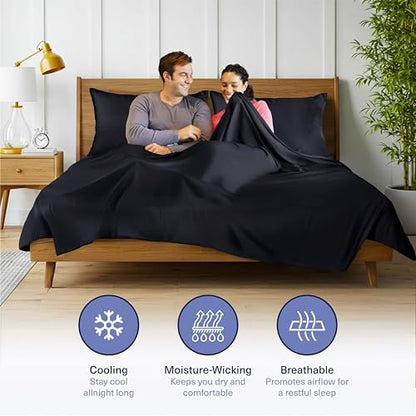Kickoff Viscose Bamboo Sheets RV Short Queen Size 4-pc 100% Organic Bamboo Viscose Bed Cooling Sheets Set (60" x 75") Cool Bedding for hot Sleepers Sheet Set - Gift Ready Packaging (Black, SQ)