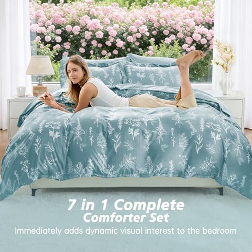 MUXHOMO Blue Bed in a Bag King 7 Pieces, King Comforter Set Reversible Botanical Flowers Design, Ultra Soft & Breathable Bedding Sets with Comforter, Sheets, Pillowcases & Shams