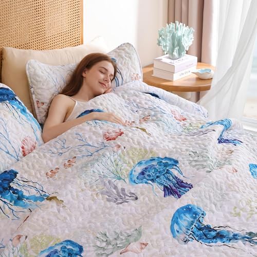 weigelia Coastal Quilt Bedding Set Queen Size - Lightweight Summer Bedspread with Blue Jellyfish Ocean Coastal Decor, Soft Nautical Comforter for All Season for Beach House Decor