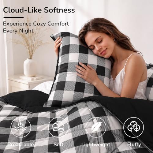downluxe Queen Comforter Set Soft Reversible 3 Pieces, Plaid Black/White