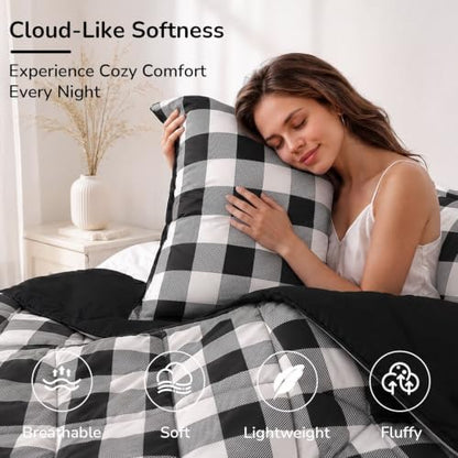 downluxe Twin Comforter Set Soft Reversible 2 Pieces, Plaid Black/White