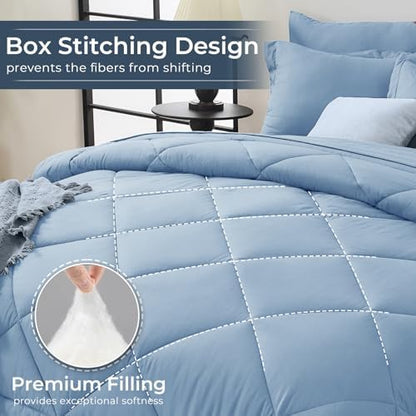 HEVUMYI 7-Piece Queen Comforter Set, Light Blue Bed in a Bag
