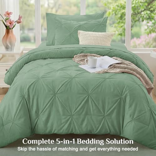 JOLLYVOGUE Twin Comforter Set 5 Pieces - Bed in a Bag Twin for All Season, Pintuck Bedding Comforter Sets with Comforter, Flat Sheet, Fitted Sheet and Pillowcases & Shams, Sage Green