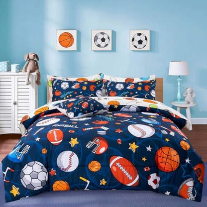 A Nice Night 6Pc Twin Basketball Comforter Bedding Set for Kids Teen,Navy