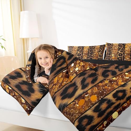 jejeloiu Leopard Kids Comforter Set Full Size Glitter Pattern Bedding Set Animal Skin Duvet Quilt for Kids Boys Girls Bedroom Decor Microfiber Ultra Soft Breathable