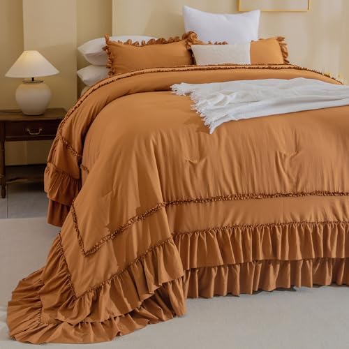 Masaca Pumpkin Oversized King Comforter 128x120,Farmhouse Shabby Boho Chic Ruffled Bedding Comforter Set,3 Pieces Fluffy Brown Orange Ruffle Extra Large King Comforter Set Ultra Soft