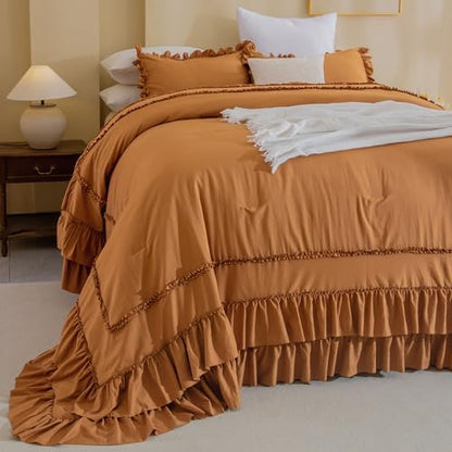 Masaca Pumpkin Oversized King Comforter 128x120,Farmhouse Shabby Boho Chic Ruffled Bedding Comforter Set,3 Pieces Fluffy Brown Orange Ruffle Extra Large King Comforter Set Ultra Soft