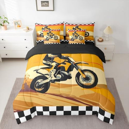 Feelyou Orange Motocross Rider Comforter Set Full 7 Pieces Desert Dirt Bike Bedding Set Sunset Track Design Bed in a Bag Checkered Flag Room Decor Off-Road Motorcycle Quilted Breathable Soft