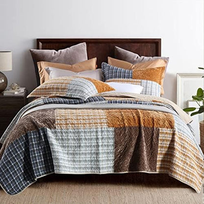 Secgo Quilt King Size - 100% Cotton Bedding Set (98 * 106 Inch) with 2 Pillow Shams, Patchwork Reversible Lightweight Bedspread, Quilted Coverlet Fit All-Season
