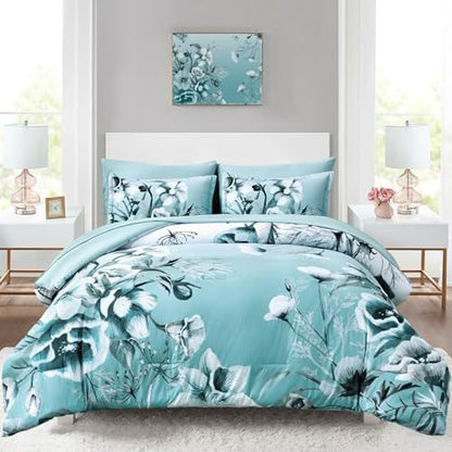Luxudecor Floral Comforter Set Queen Size 7 Piece, Aqua Flower Bed in a Bag, Elegant Gradient Floral Comforter with Sheet Set, Soft Seersucker Microfiber Bedding Set for All Season (Aqua, 90"x90")