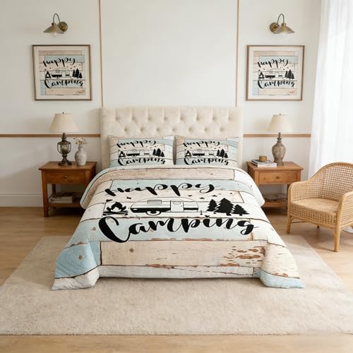 Camper RV Comforter Set Full Size,Camping Travel Trailer Decor Bedding Set 3pcs for Kids Boys Girls Adults,Vintage Wooden Plank Cottage Down Comforter,Rustic Farmhouse Duvet Insert,2 Pillowcases