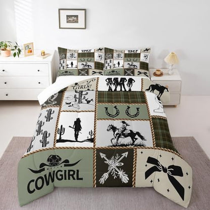 Western Cowgirl Comforter Set Queen Size,Cactus Horseshoe Cow Skull Rustic Farmhouse Bedding Set,Girls Women Room Decor,Bow Arrow Patchwork Down Comforter,Camo Country Duvet Insert,2 Pillowcases
