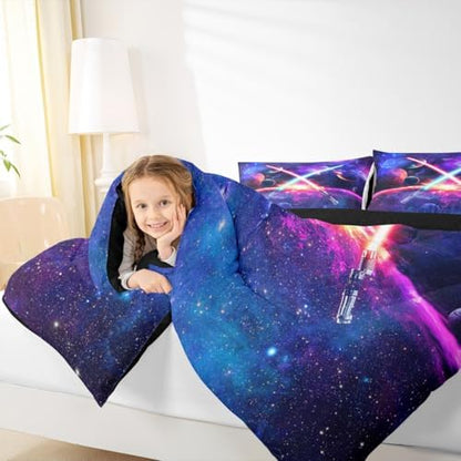 Castle Fairy Light Up Sword Comforter Set King Size Galaxy Universe Planet Bedding Set 3pcs for Kids Boys Girls Room Decor,Watercolor Star Sky Quilt Set Fantasy Duvet Insert with 2 Pillowcases,Purple