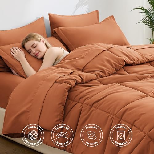 Love's cabin Twin Comforter Set Burnt Orange, 5 Pieces Twin Bed in a Bag, All Season Bedding Sets with 1 Comforter, 1 Flat Sheet, 1 Fitted Sheet, 1 Pillowcase and 1 Pillow Sham