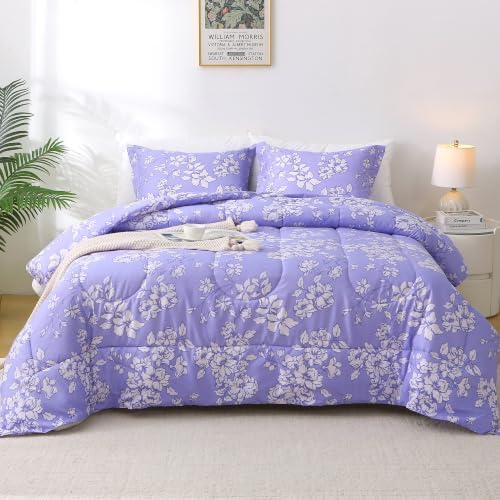 Mooreeke King Size Comforter Sets, Lavender Quilt with White Flower Patterned Bedding for All Seasons, 3-Piece Vintage Bed in a Bag with Fluffy Quilted Reversible Comforter & 2 Pillow Shams