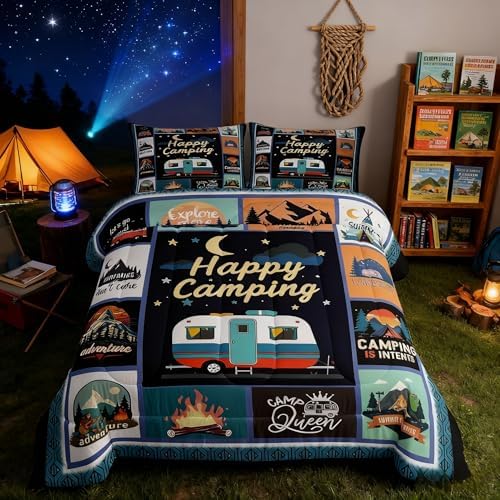 Manfei Camper Happy Camping Comforter Set Twin,Geometric Plaid Patchwork Bedding Set 2pcs for Kids Teens RV Traveler Room Decor,Adventure Quilt Set,Rustic Duvet Insert with 1 Pillowcase