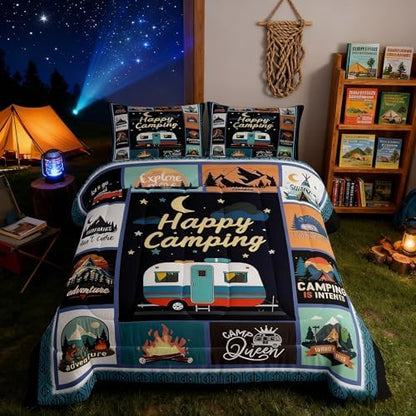Manfei Camper Happy Camping Comforter Set Twin,Geometric Plaid Patchwork Bedding Set 2pcs for Kids Teens RV Traveler Room Decor,Adventure Quilt Set,Rustic Duvet Insert with 1 Pillowcase