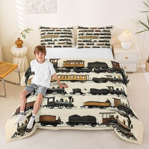 Erosebridal Vintage Steam Train Kids Comforter Sets Travel Locomotive Train King Bedding Set for Boys Girls Transport Vehicle Comforter Set Steampunk Railway Quilt Duvet 3 Pcs Beige