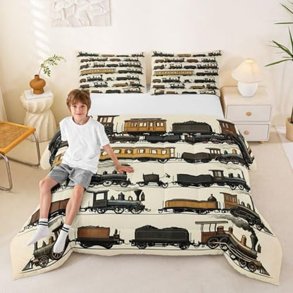 Erosebridal Vintage Steam Train Kids Comforter Sets Travel Locomotive Train King Bedding Set for Boys Girls Transport Vehicle Comforter Set Steampunk Railway Quilt Duvet 3 Pcs Beige