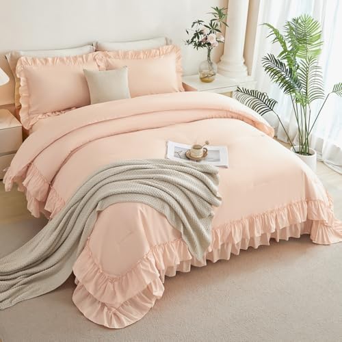ANGIYUIN Pink Queen Size Comforter Set 5 Pieces Ruffled Bed in A Bag