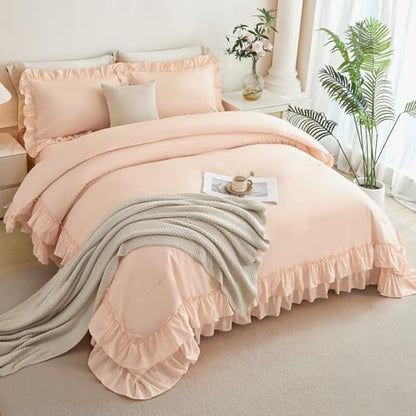 ANGIYUIN Pink Queen Size Comforter Set 5 Pieces Ruffled Bed in A Bag