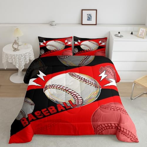 Erosebridal Baseball Twin Bedding Sets for Boys Girls Kids Baseball Comforter Set Bedroom Decor,Sports Comforter Sets for Boys Teen Ball Games Bed Quilt Set 2Pcs,Red Black