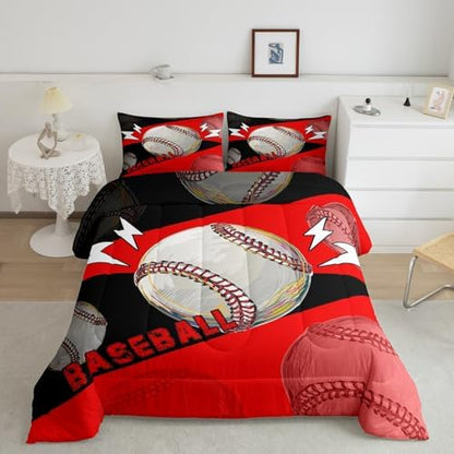 Erosebridal Baseball Twin Bedding Sets for Boys Girls Kids Baseball Comforter Set Bedroom Decor,Sports Comforter Sets for Boys Teen Ball Games Bed Quilt Set 2Pcs,Red Black
