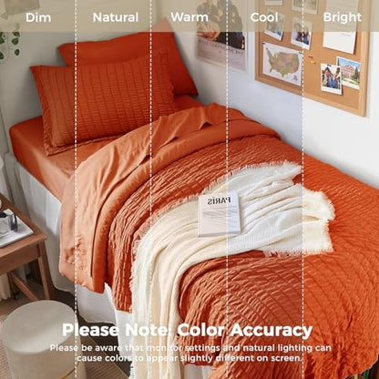 HYMOKEGE Burnt Orange Twin Comforter Set Seersucker 5 Pieces, All Season Luxury Bed in a Bag for Bedroom, Bedding Set with Comforters, Sheets, Pillowcase & Sham