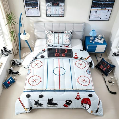 Castle Fairy Ice Hockey Rink Comforter Set Twin Size,Ice Skates Helmet Glove Bedding Sets 2Pcs for Kids Girls Boys Teens Room Decor,Cartoon Quilted Duvet Sport Theme Down Comforter,1 Pillowcase